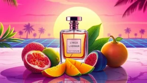 Elegant perfume bottle surrounded by fresh mango, lychee, and fig for summer date night scents.