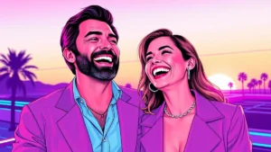 Two adults sharing a moment of pure laughter and queer joy in a bright setting.