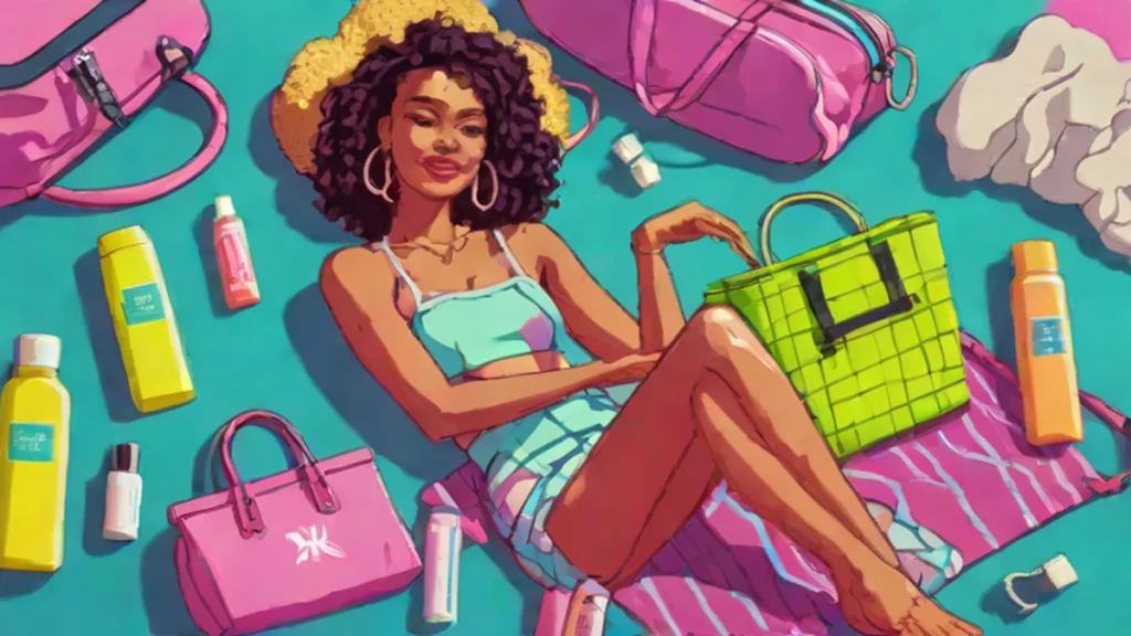 A curated collection of sunscreens and hair care products inside a straw beach tote.