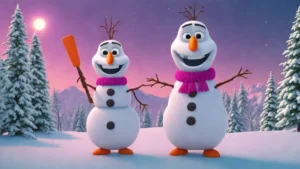 An animated snowman character smiling in a snowy winter landscape for Frozen 3 news.