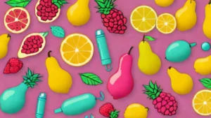 Silicone pleasure products shaped like lemons and pears sitting next to real fruit on a table.