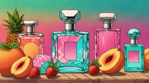 Glass perfume bottles surrounded by sliced peaches and strawberries during a summer sunset.