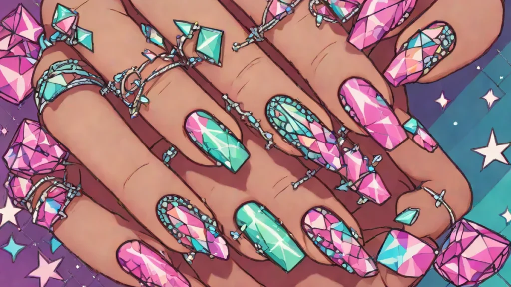 Close up of hands featuring milky white nails decorated with colorful rhinestones and star shaped gems.