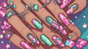 Close up of hands featuring milky white nails decorated with colorful rhinestones and star shaped gems.