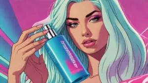 A woman with luminous, high-shine platinum blonde hair next to Giovanni hair gloss mist.