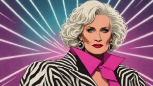 Glenn Close dressed in iconic Cruella De Vil attire appearing on stage at D23 Expo.