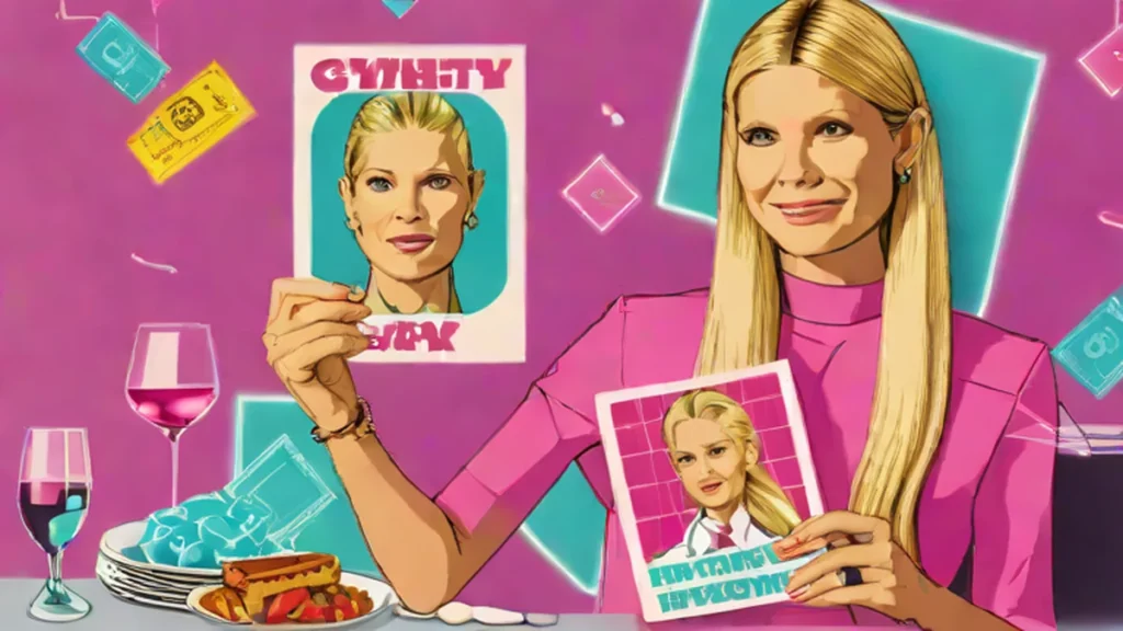 A mature blonde woman smiling while holding various humorous themed dinner party invitation cards.
