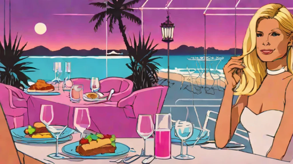 A sophisticated woman dining at a luxury outdoor dinner party in the Hamptons.