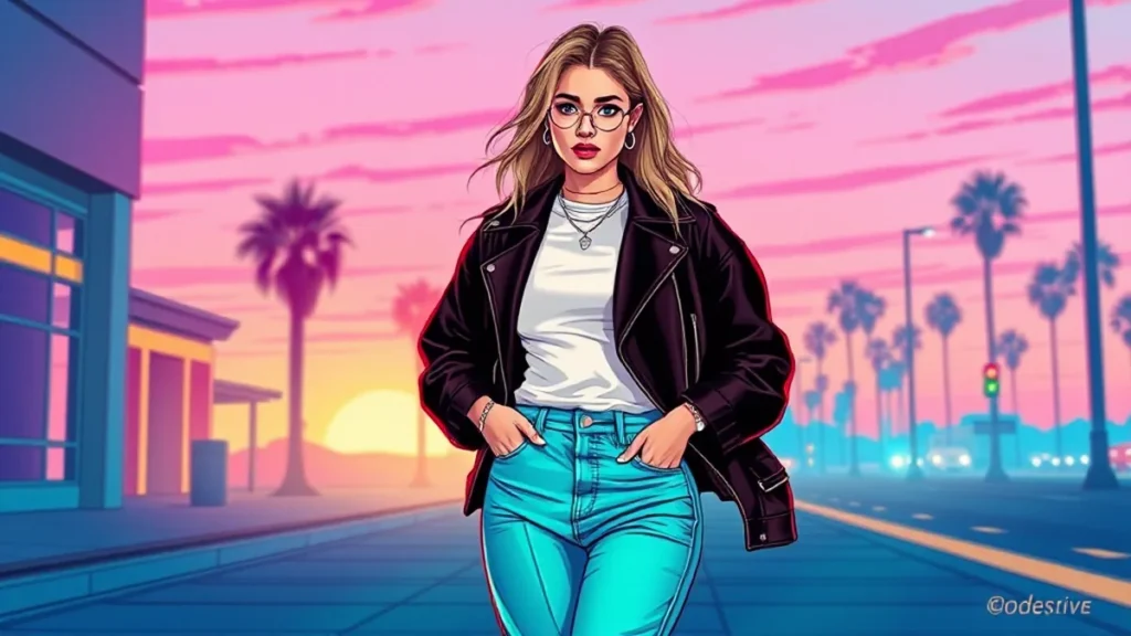 A woman styled in baggy jeans, a white tee, and an oversized leather jacket for date night.