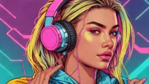A stylish woman wearing colorful wired earphones as a fashion accessory.