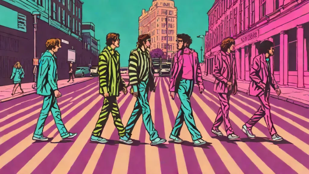Actors recreating the iconic Beatles Abbey Road walk on a London street crossing.