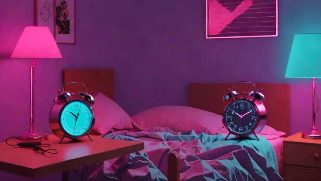 A Hatch Sleep Clock device sitting on a nightstand next to a person sleeping in bed.