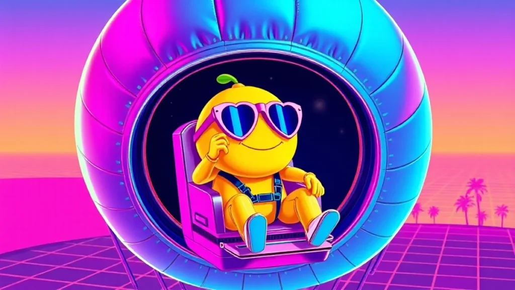 A lemon mascot wearing heart sunglasses floating in near space above Earth's curvature.