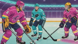 Two male ice hockey players facing each other on the ice rink.