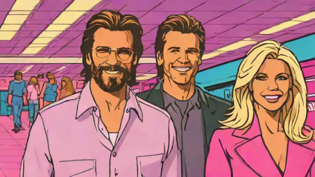 Heather Locklear and Lorenzo Lamas walking together happily at the airport.
