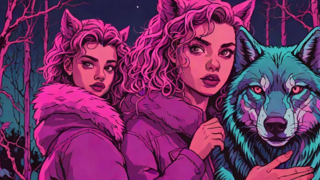 A woman holding a small supernatural werewolf cub in a dark forest.