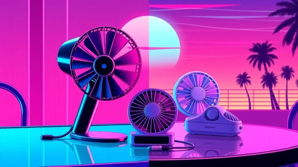 Comparison of a luxury high-end handheld fan and a small portable Amazon mini fan.