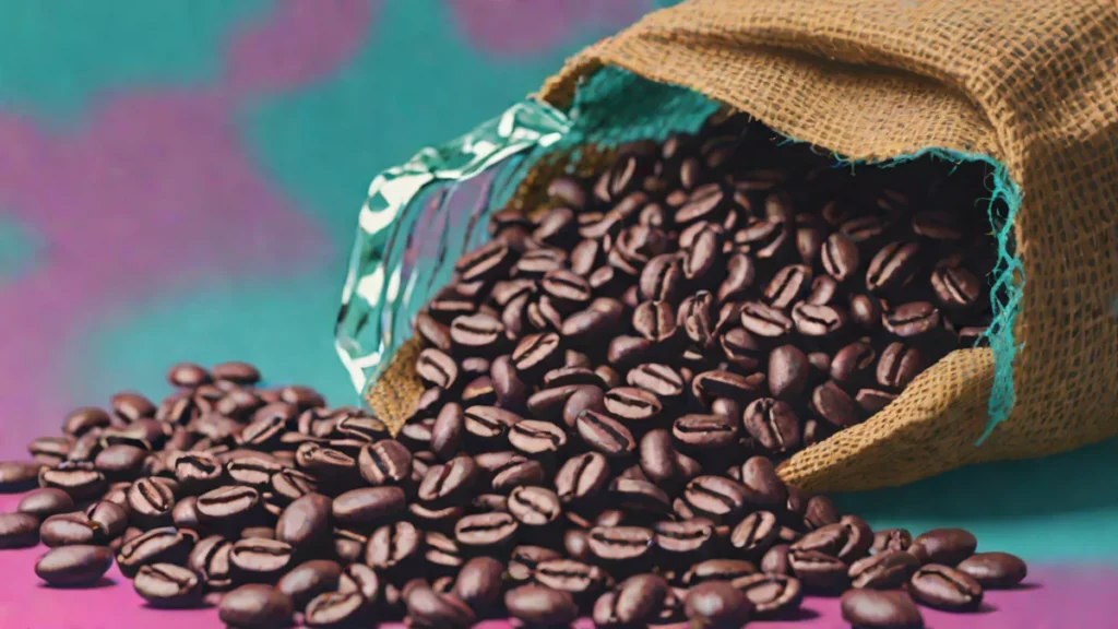 Close up view of high quality whole roasted arabica coffee beans in a wooden bowl.