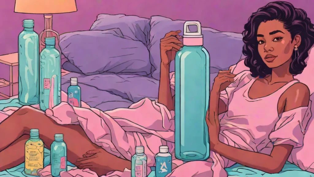 A young woman with radiant skin surrounded by skincare products and a large water bottle.