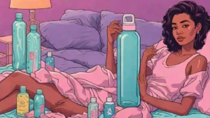 A young woman with radiant skin surrounded by skincare products and a large water bottle.