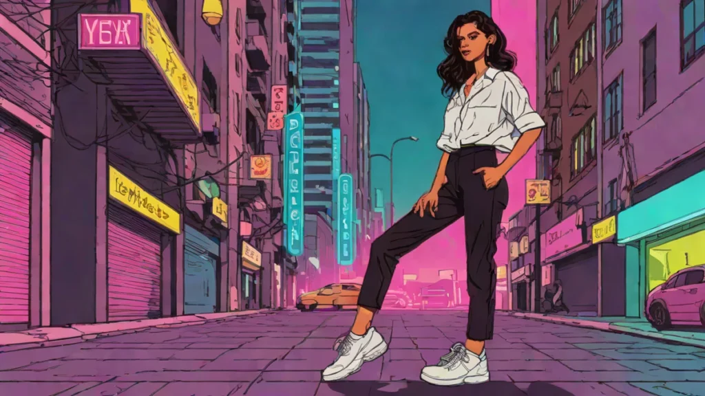 Adult woman styling black capri pants with an oversized white shirt and kitten heels.
