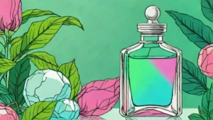 A clear glass dropper bottle containing facial serum placed on a white marble background with green leaves.
