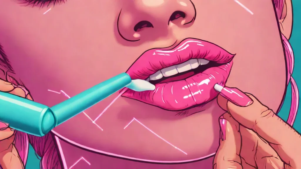 Close up of a woman applying hydrating hyaluronic acid lip balm for a glossy finish.