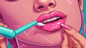 Close up of a woman applying hydrating hyaluronic acid lip balm for a glossy finish.