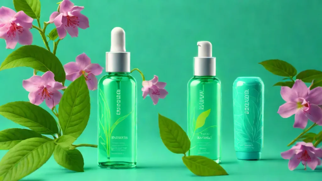 A bottle of Innisfree sunscreen serum surrounded by fresh water droplets and green tea leaves.