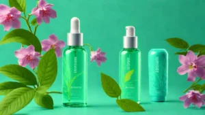 A bottle of Innisfree sunscreen serum surrounded by fresh water droplets and green tea leaves.