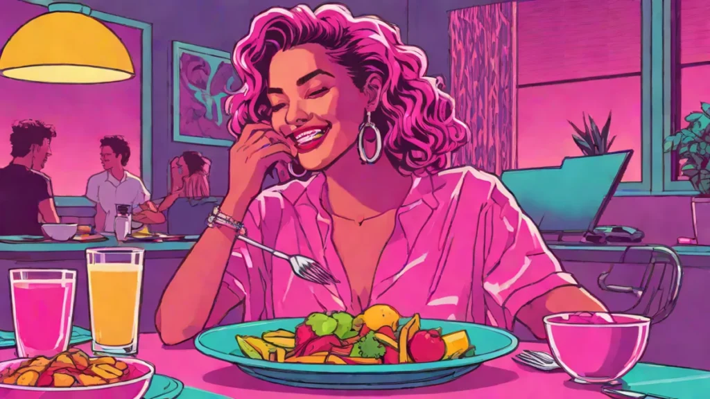 A happy adult woman enjoying a nutritious meal in a bright, relaxed setting.