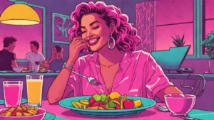 A happy adult woman enjoying a nutritious meal in a bright, relaxed setting.