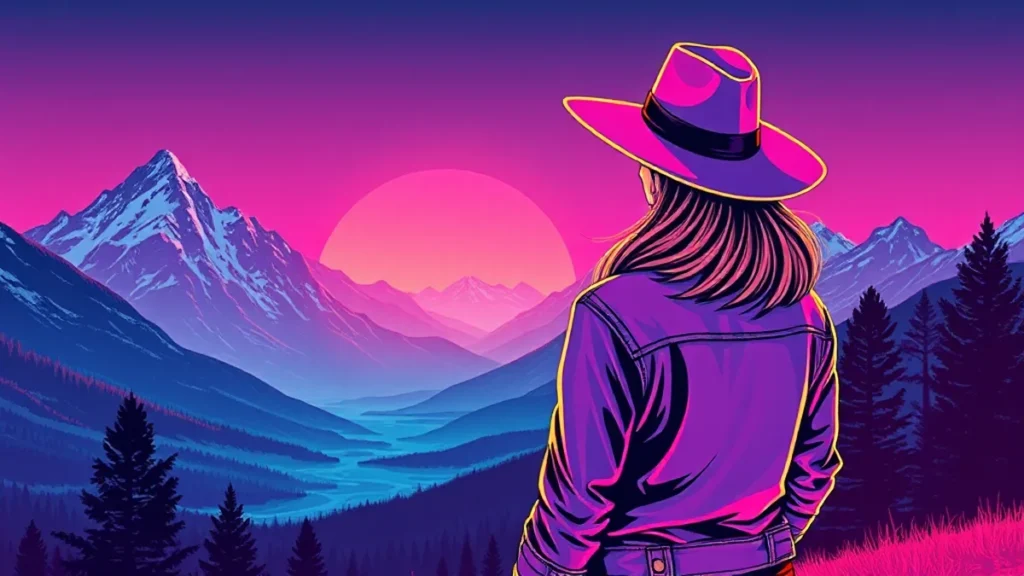 A woman in western attire looking at the Grand Teton mountain range in Jackson Hole.