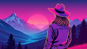 A woman in western attire looking at the Grand Teton mountain range in Jackson Hole.
