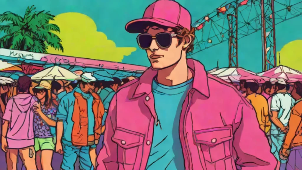 Actor James Norton wearing a red jacket and baseball cap at a London music festival.