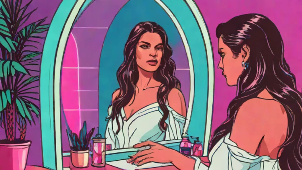 A woman in a white wedding dress looking at her reflection with a serious expression.