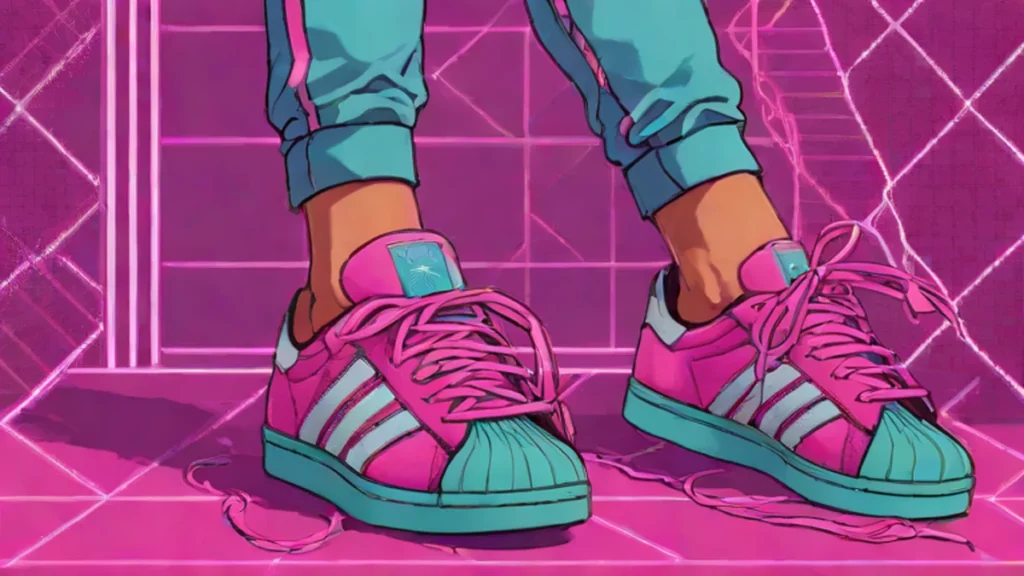 Adult woman wearing Adidas Superstar SQ Ballet sneakers with ribbon details and square toes.