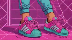 Adult woman wearing Adidas Superstar SQ Ballet sneakers with ribbon details and square toes.