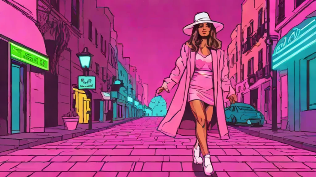 A stylish woman wearing pink ballet flats and a midi dress walking outdoors.