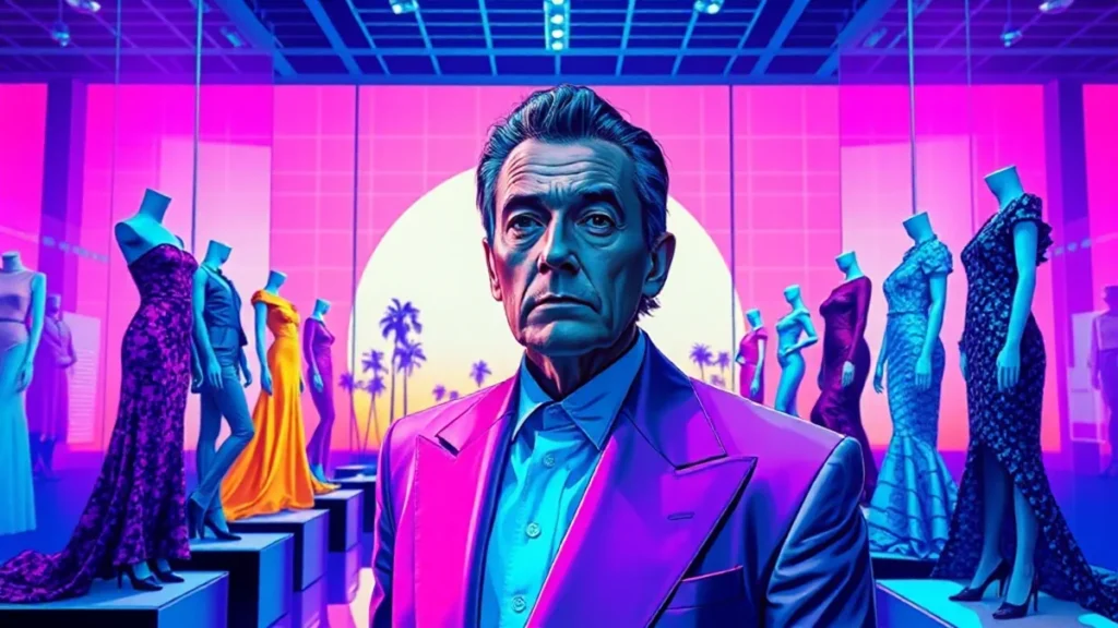 An elegant man observing dramatic designer garments displayed in a prestigious museum art gallery.