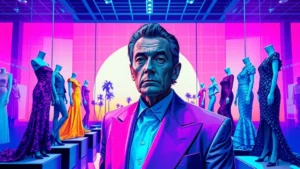 An elegant man observing dramatic designer garments displayed in a prestigious museum art gallery.