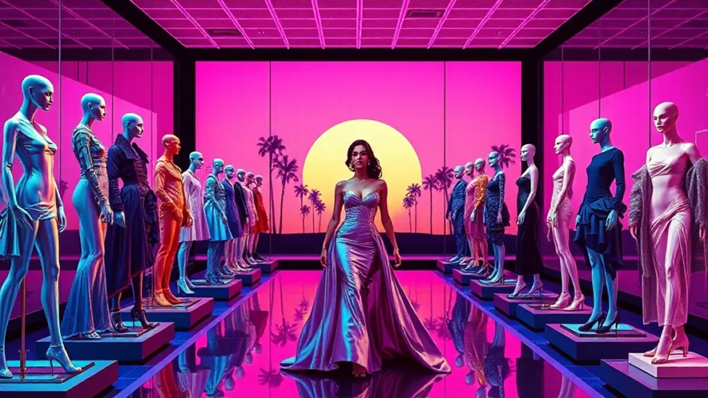 An elegant woman wearing avant-garde couture walking through a luxury fashion exhibition gallery.