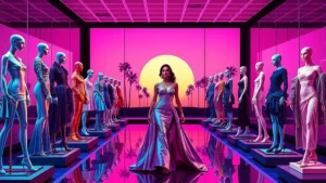 An elegant woman wearing avant-garde couture walking through a luxury fashion exhibition gallery.