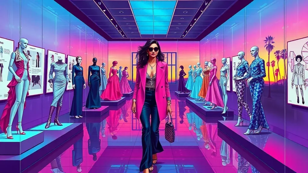 An adult woman viewing dramatic designer clothing displayed in a prestigious fashion museum exhibition.