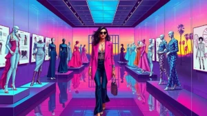 An adult woman viewing dramatic designer clothing displayed in a prestigious fashion museum exhibition.