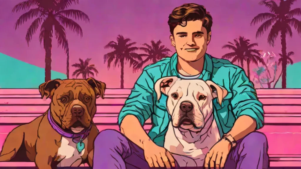 Actor Josh Hutcherson smiling alongside two rescued pitbull dogs in an outdoor setting.