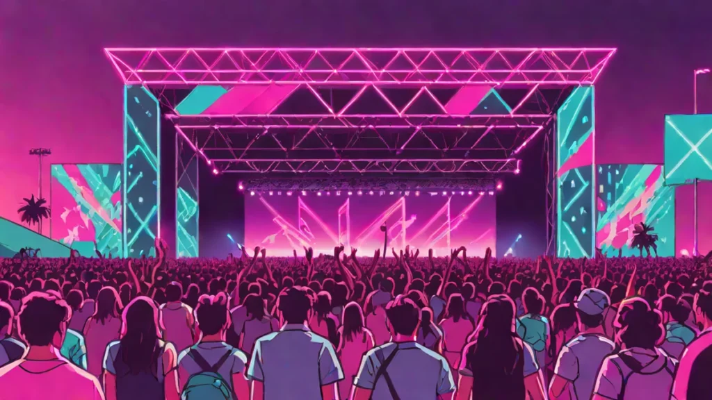 A massive concert stage with bright lights and a large crowd at KCON LA.