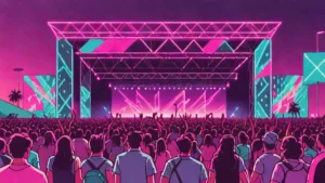A massive concert stage with bright lights and a large crowd at KCON LA.