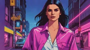 Kendall Jenner wearing a vibrant cobalt blue button-down shirt and black wide-leg trousers while walking outdoors.