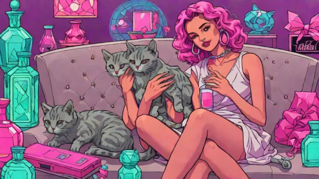 An adult woman cuddling a grey tabby kitten next to luxury perfume bottles.